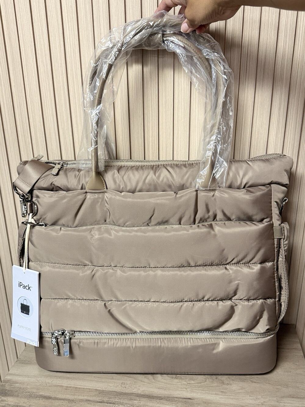 New! iPack Taupe Puffy Tote Bag With Shoe Compartment, Padded Laptop Pocket